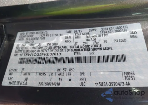 2015 Ford F-150 Xlt from USA, damaged, VIN 1FTEW1CG5FKE37010